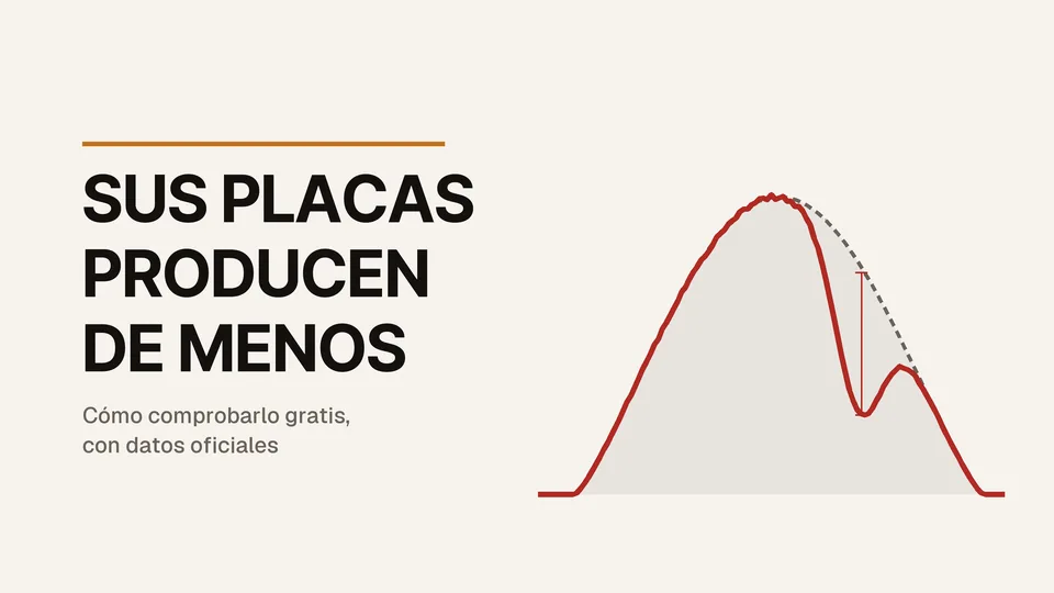 Curva de producción solar con un hundimiento por la tarde frente a la curva esperada, bajo el título «Sus placas producen de menos»